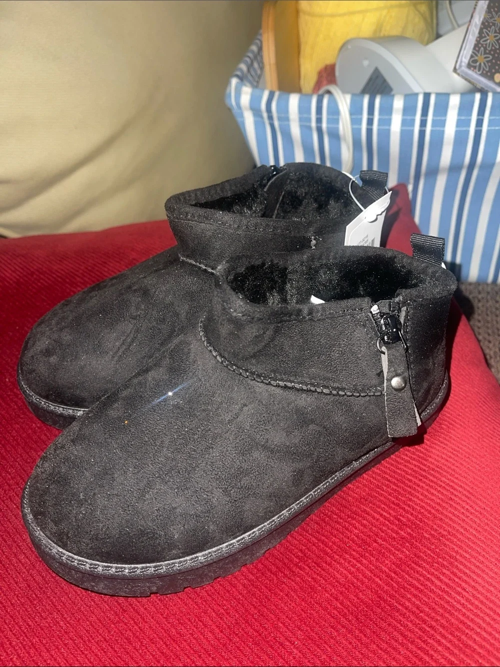 Kids Black Faux-Suede Ankle Boots with Side Zip